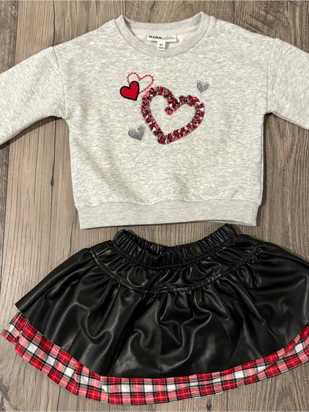 Kids Headquarters Gray Sweatshirt & Black Faux Leather Skirt with Red Plaid